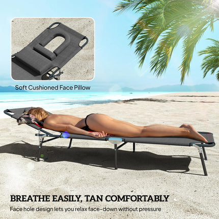 Outdoor Foldable Sun Lounger Set of 2 with 4-Level Adjustable Backrest, Pillow & Reading Hole - Dark Grey