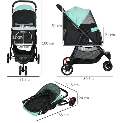 Foldable Pet Stroller for XS & S Dogs with Rain Cover - Green