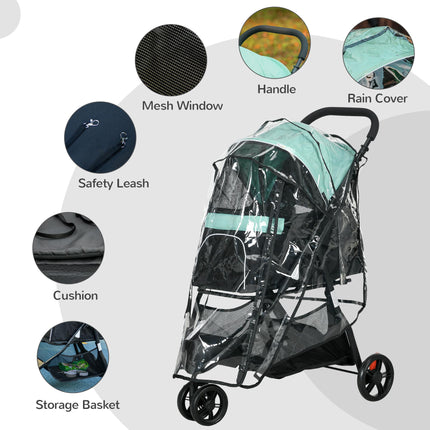 Foldable Pet Stroller for XS & S Dogs with Rain Cover - Green