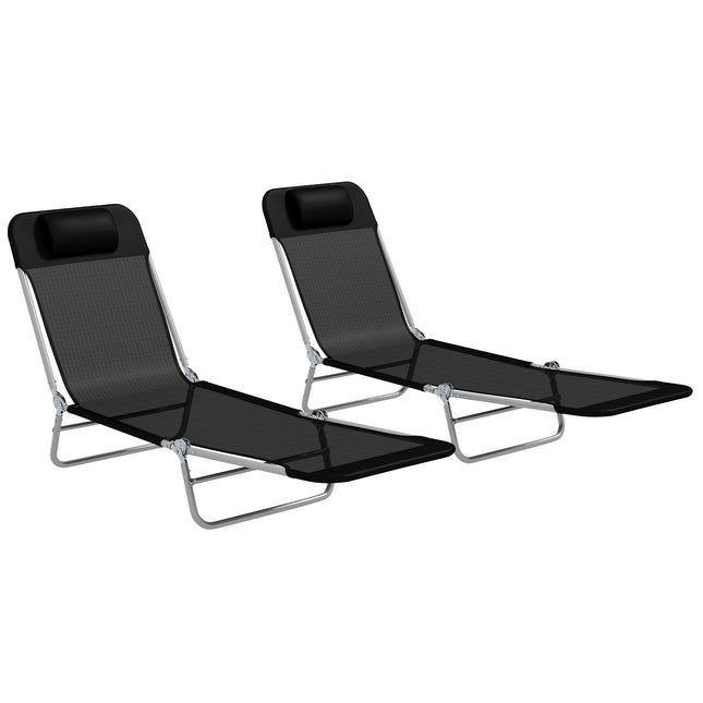Set of 2 Steel Frame Reclining Sun Loungers with Pillows - Black