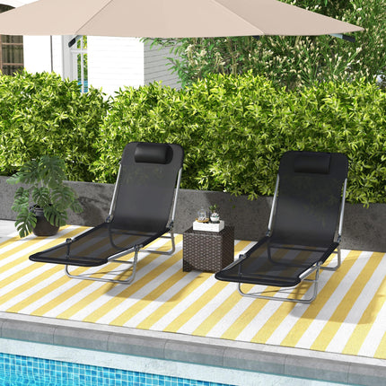 Set of 2 Steel Frame Reclining Sun Loungers with Pillows - Black