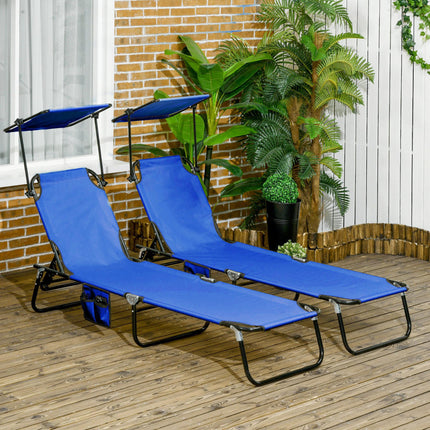 Set of 2 Folding Sun Loungers with Adjustable Backs & Sun Canopies - Blue