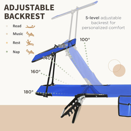Set of 2 Folding Sun Loungers with Adjustable Backs & Sun Canopies - Blue