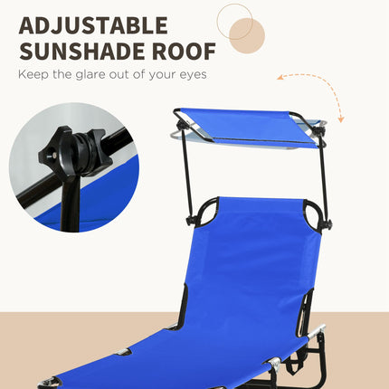 Set of 2 Folding Sun Loungers with Adjustable Backs & Sun Canopies - Blue