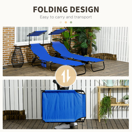 Set of 2 Folding Sun Loungers with Adjustable Backs & Sun Canopies - Blue