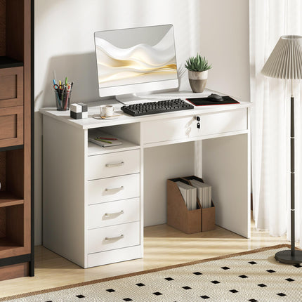 Computer Desk with Lockable Drawer and Storage Shelf 110x50x76 cm - White