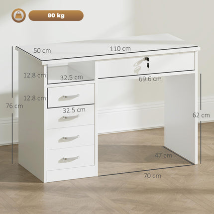 Computer Desk with Lockable Drawer and Storage Shelf 110x50x76 cm - White