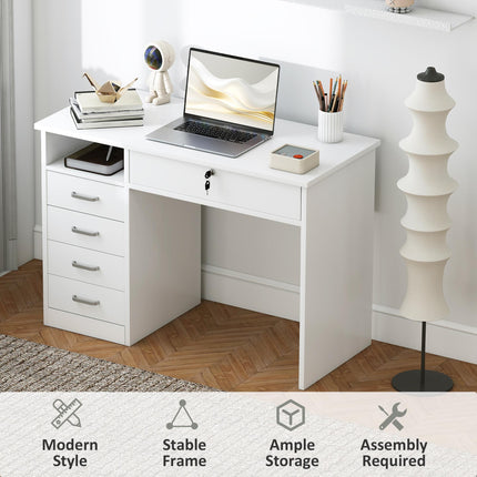 Computer Desk with Lockable Drawer and Storage Shelf 110x50x76 cm - White