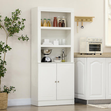 Kitchen Cupboard 6-Tier Shelving Freestanding Storage Cabinet with 3 Open Compartments and Double Door - White