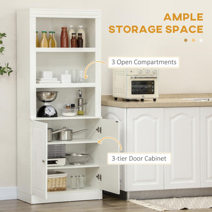 Kitchen Cupboard 6-Tier Shelving Freestanding Storage Cabinet with 3 Open Compartments and Double Door - White