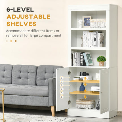 Kitchen Cupboard 6-Tier Shelving Freestanding Storage Cabinet with 3 Open Compartments and Double Door - White