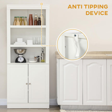 Kitchen Cupboard 6-Tier Shelving Freestanding Storage Cabinet with 3 Open Compartments and Double Door - White