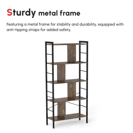 Industrial 5-Tier Storage Shelf Bookcase Floor Standing Display Rack - Rustic Brown