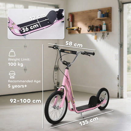 Teen Push Kick Scooter for Kids 5+ with Adjustable Handlebar, Dual Brakes & Rubber Wheels - Pink