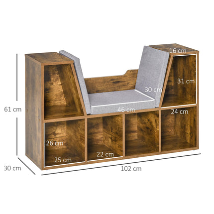 Bookcase Shelf Storage Seat with Cushion and Organizer for Kids Bedroom Living Room - Rustic Brown