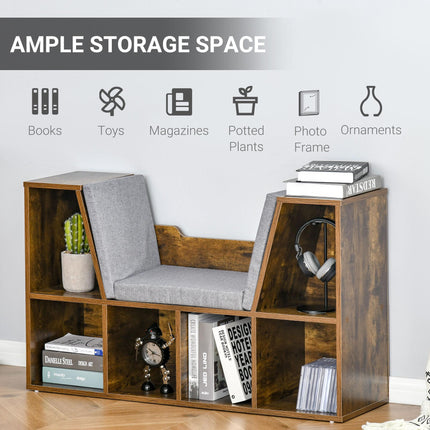 Bookcase Shelf Storage Seat with Cushion and Organizer for Kids Bedroom Living Room - Rustic Brown