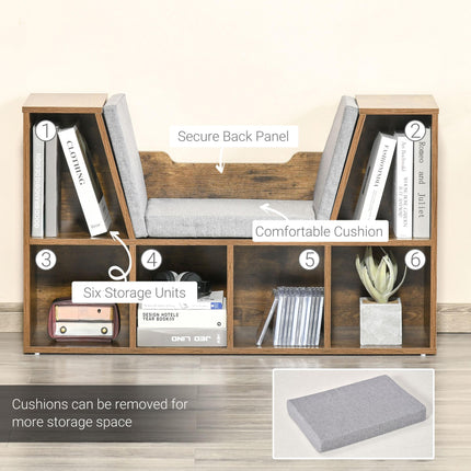 Bookcase Shelf Storage Seat with Cushion and Organizer for Kids Bedroom Living Room - Rustic Brown