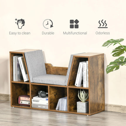 Bookcase Shelf Storage Seat with Cushion and Organizer for Kids Bedroom Living Room - Rustic Brown