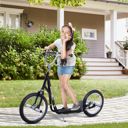 Teen Push Scooter with 16-Inch Wheels, Adjustable Height & Dual Brakes for Kids 5+ - Black