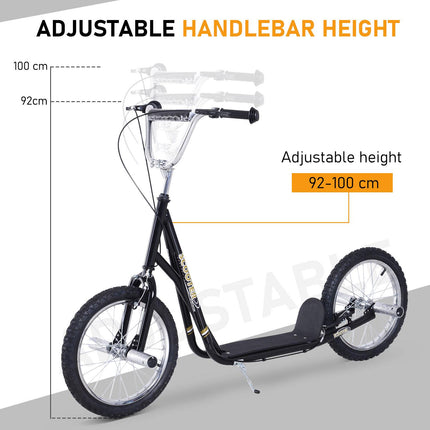 Teen Push Scooter with 16-Inch Wheels, Adjustable Height & Dual Brakes for Kids 5+ - Black