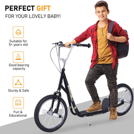 Teen Push Scooter with 16-Inch Wheels, Adjustable Height & Dual Brakes for Kids 5+ - Black