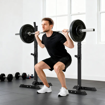 Heavy Duty Adjustable Height Barbell Squat Stand with 2 Stands - Black
