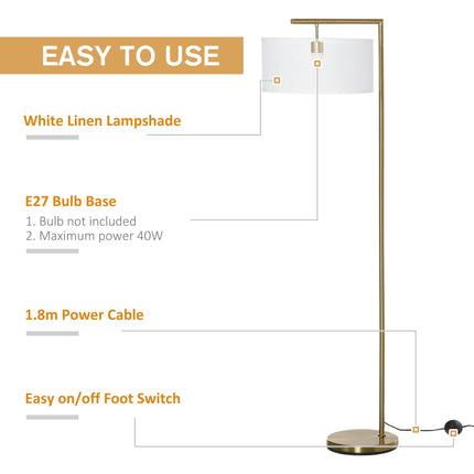 Modern Floor Lamp with Linen Lampshade and Round Base for Living Room, Bedroom, Dining Room - Gold and White