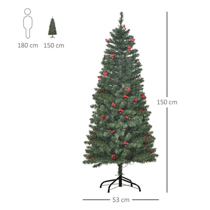5FT Prelit Artificial Pencil Christmas Tree with Warm White LED Lights and Red Berry Decorations - Green