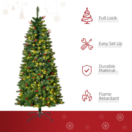 5FT Prelit Artificial Pencil Christmas Tree with Warm White LED Lights and Red Berry Decorations - Green