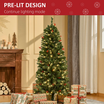5FT Prelit Artificial Pencil Christmas Tree with Warm White LED Lights and Red Berry Decorations - Green