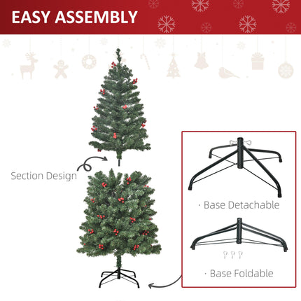 5FT Prelit Artificial Pencil Christmas Tree with Warm White LED Lights and Red Berry Decorations - Green