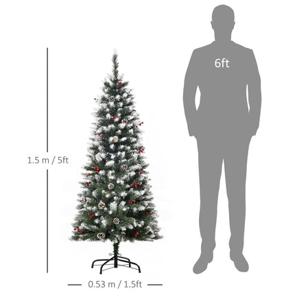 5FT Pencil Christmas Tree with Red Berries and Pinecones Indoor Holiday Decoration - Green