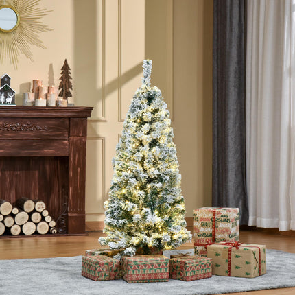 4ft Prelit Snow Flocked Artificial Christmas Tree with Warm White LED Lights - Green White