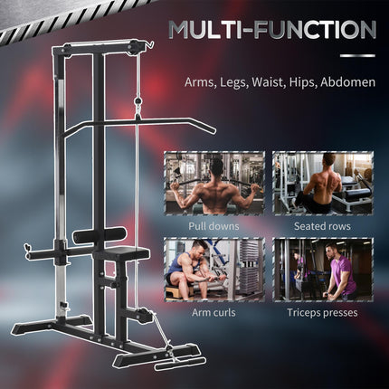 Power Tower Adjustable Pulldown Machine with Dip Station and Weighted Ab Crunch - Black
