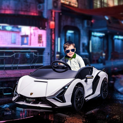 Compatible 12V Kids Electric Ride On Lamborghini SIAN Car with Remote Control, Lights & MP3 Player for Ages 3-5 - White