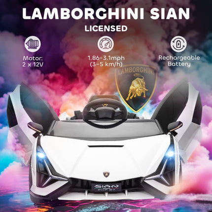 Compatible 12V Kids Electric Ride On Lamborghini SIAN Car with Remote Control, Lights & MP3 Player for Ages 3-5 - White