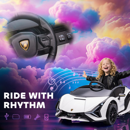 Compatible 12V Kids Electric Ride On Lamborghini SIAN Car with Remote Control, Lights & MP3 Player for Ages 3-5 - White
