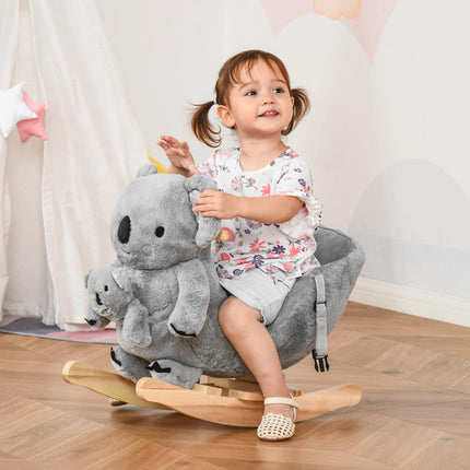 Kids Plush Ride-On Koala Rocking Horse with Sounds and Gloved Doll for 18-36 Months - Grey