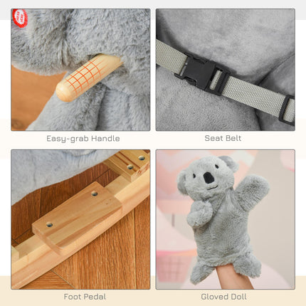 Kids Plush Ride-On Koala Rocking Horse with Sounds and Gloved Doll for 18-36 Months - Grey