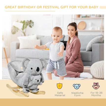 Kids Plush Ride-On Koala Rocking Horse with Sounds and Gloved Doll for 18-36 Months - Grey