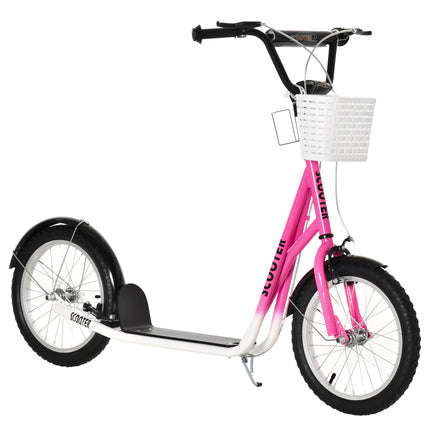 Kids Kick Scooter with Adjustable Handlebar, 16" Inflatable Tyres, Brakes, Basket & Cupholder - Pink