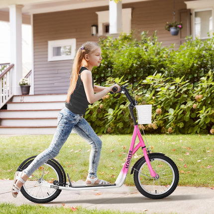 Kids Kick Scooter with Adjustable Handlebar, 16" Inflatable Tyres, Brakes, Basket & Cupholder - Pink