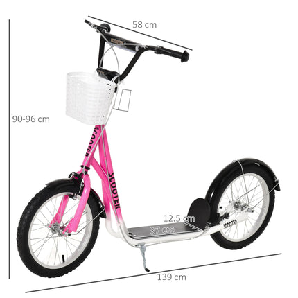 Kids Kick Scooter with Adjustable Handlebar, 16" Inflatable Tyres, Brakes, Basket & Cupholder - Pink