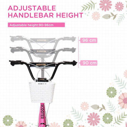 Kids Kick Scooter with Adjustable Handlebar, 16" Inflatable Tyres, Brakes, Basket & Cupholder - Pink