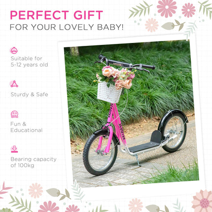 Kids Kick Scooter with Adjustable Handlebar, 16" Inflatable Tyres, Brakes, Basket & Cupholder - Pink