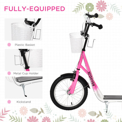 Kids Kick Scooter with Adjustable Handlebar, 16" Inflatable Tyres, Brakes, Basket & Cupholder - Pink