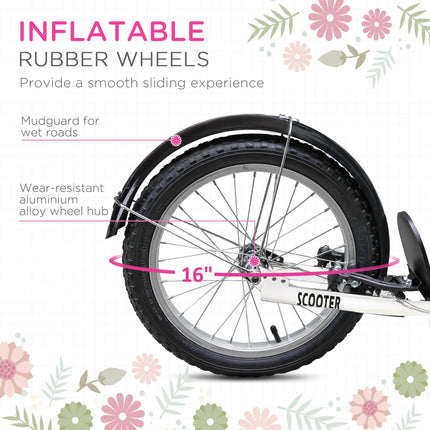 Kids Kick Scooter with Adjustable Handlebar, 16" Inflatable Tyres, Brakes, Basket & Cupholder - Pink