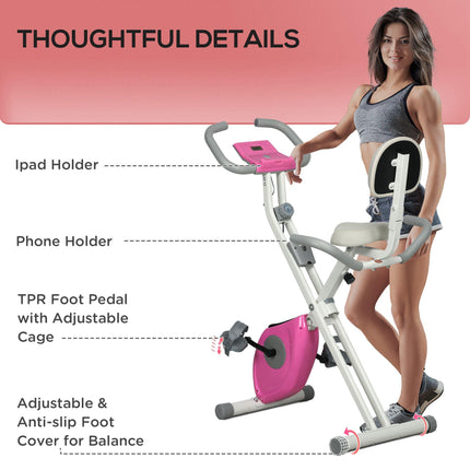 Folding Exercise Bike with Adjustable Magnetic Resistance - White and Pink