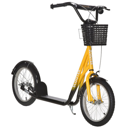 Kids Kick Scooter with Adjustable Handlebar, Dual Brakes, Basket & Cupholder, 16" Inflatable Tyres - Orange