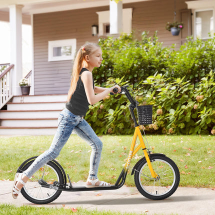 Kids Kick Scooter with Adjustable Handlebar, Dual Brakes, Basket & Cupholder, 16" Inflatable Tyres - Orange